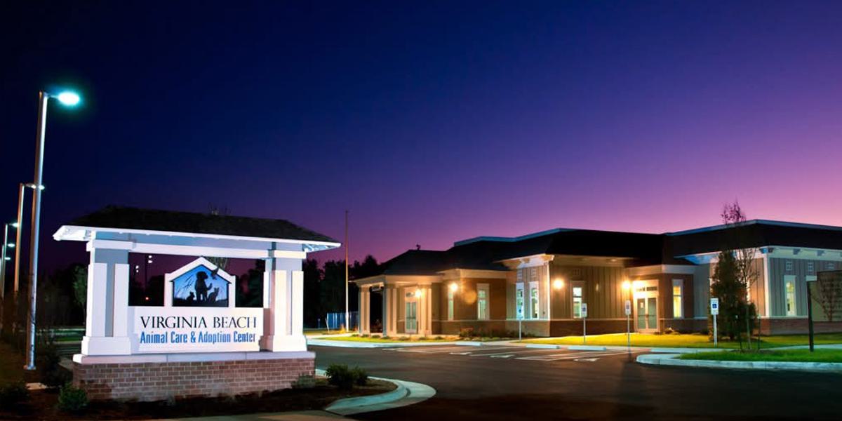 Adoption Center Sign and Building at Night